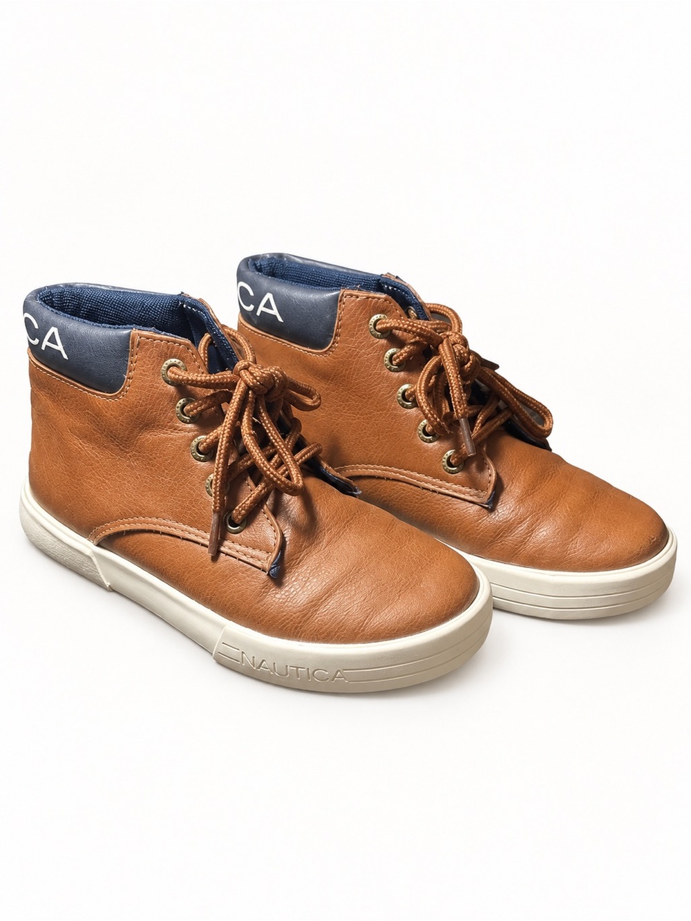 Nautica Kids Tan/Brown Leather High-Top Sneakers with Navy Trim